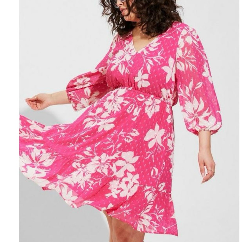 NWT Torrid Pink White Floral Clip Swiss Dot Pockets Dress Size 3X - Picture 2 of 14